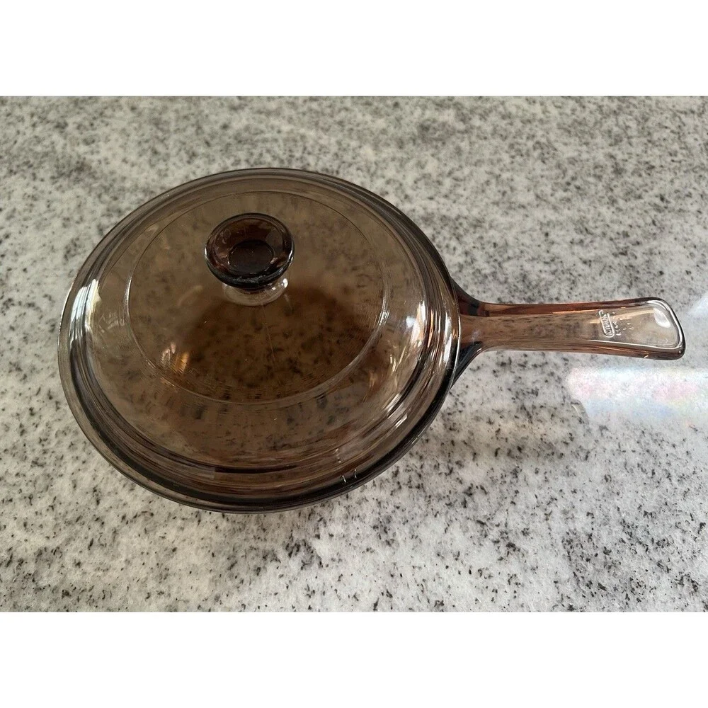 Vintage Corning Visions 0.5L Amber Glass Saucepan Pot Pyrex Lid V-81 USA
